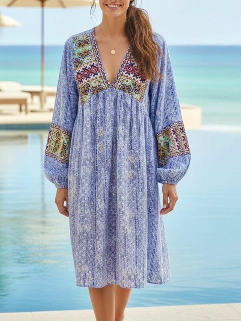 Anthropologie Bhanuni by Joti Dress Beaded Embroidered Blue Stripes (S)